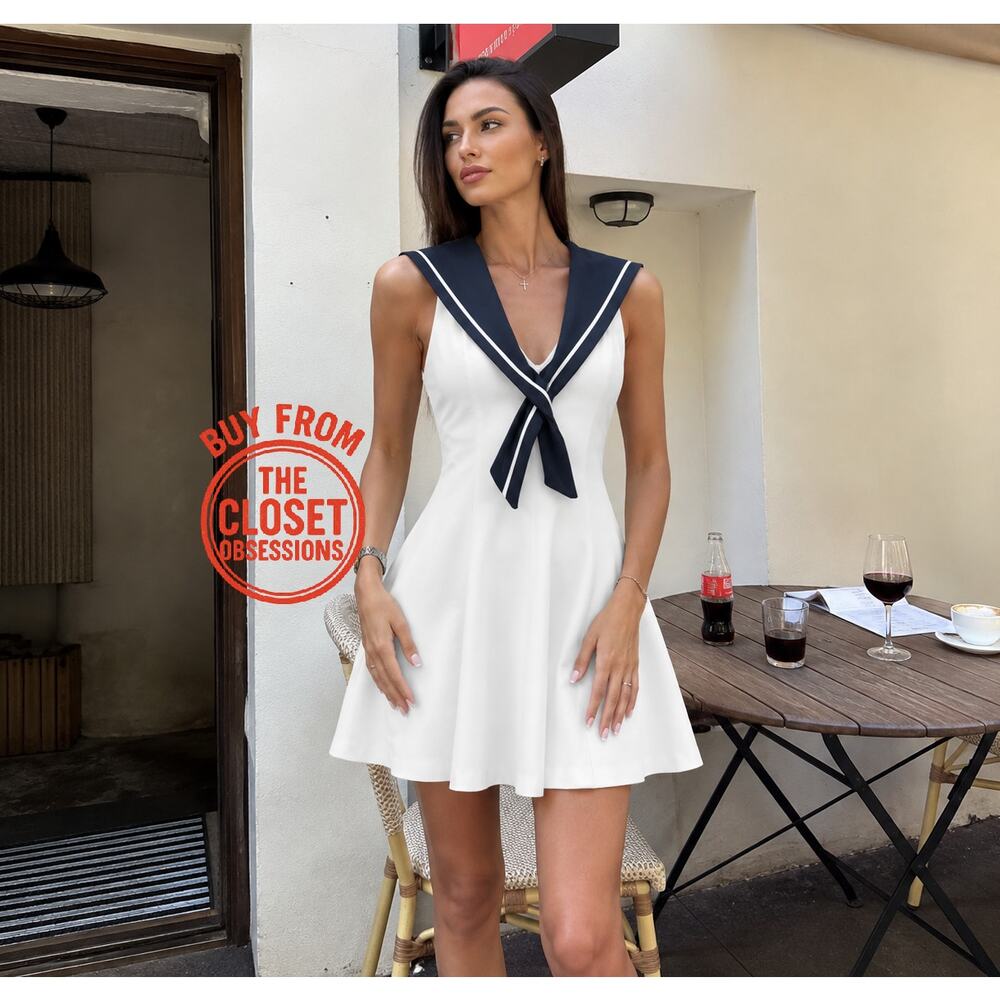 Zara Nautical Sailor Collar White Mini Dress NWT - Picture 9 of 16